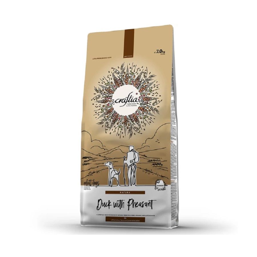Craftia Natura: сухой корм, для щенков средних и крупных пород, утка с фазаном, 7 кг