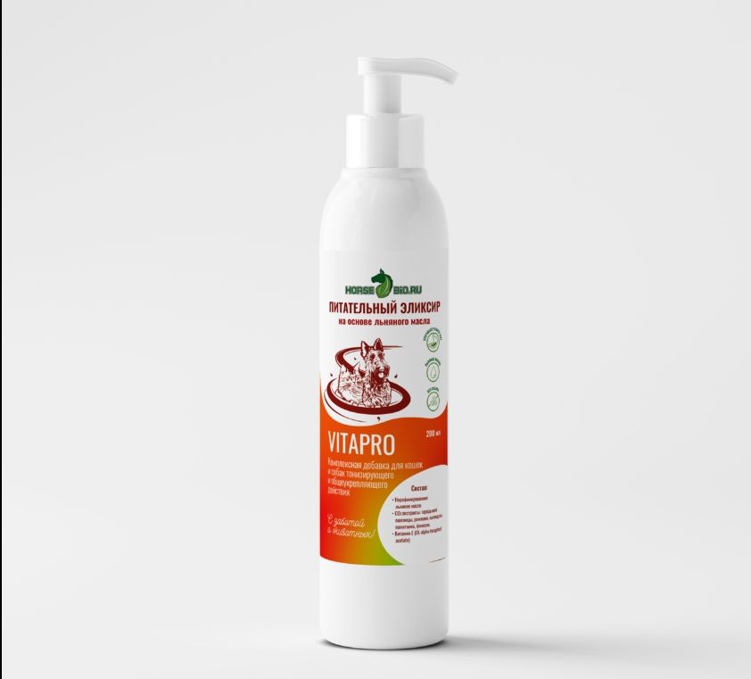 Horse-bio: Эликсир Питательный VitaPro общеукрепляющий на основе льняного масла для кошек и собак, 200 мл