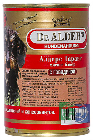 Влажный корм для собак Dr.Alder'S Дог Гарант с говядиной, 80% рубленного мяса, 750 гр.