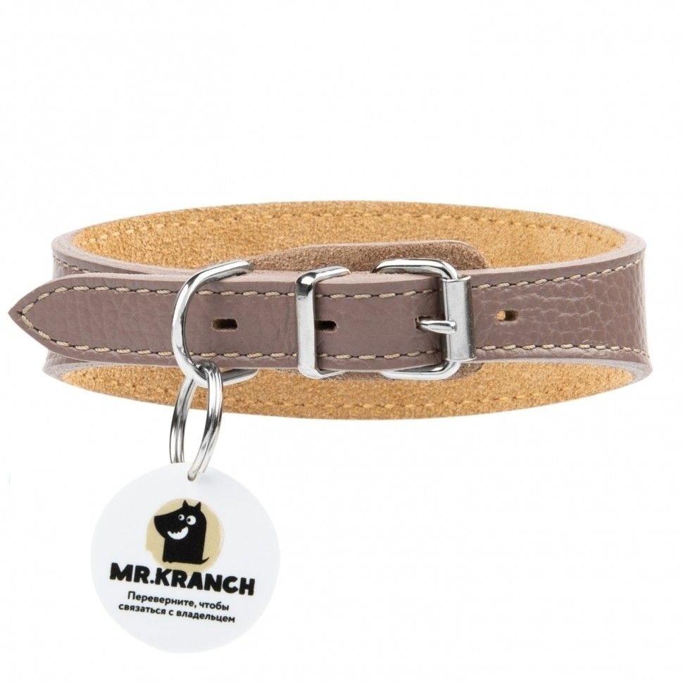 Mr.Kranch: Ошейник-селедка, для собак, из натуральной кожи, с QR-адресником, бежевый, 21-25 см