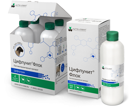 Нита-фарм: Цифлунит Флок с дозатором, инсектицид-спрей для коз и овец, 4 шт./уп, цена за 1 флакон = 500 мл