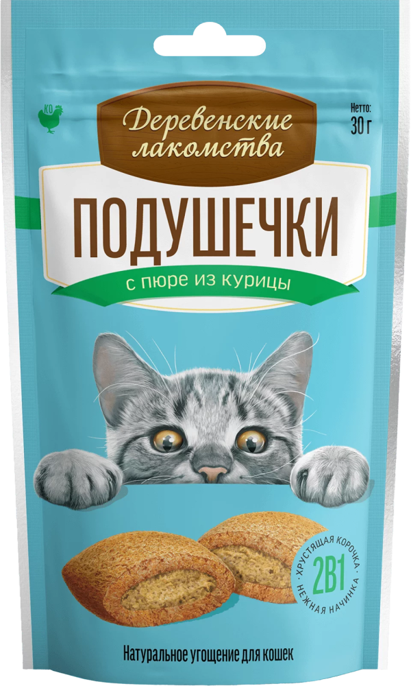 Деревенские Лакомства: Подушечки с пюре из курицы для кошек, 30 гр., арт. 79207774