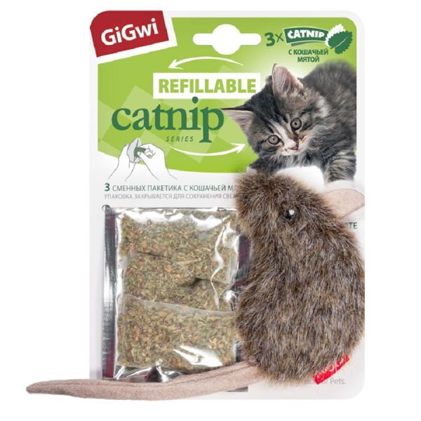 GiGwi: Игрушка для кошек Мышка с кошачьей мятой 10 см, серия REFILLABLE CATNIP, 75300
