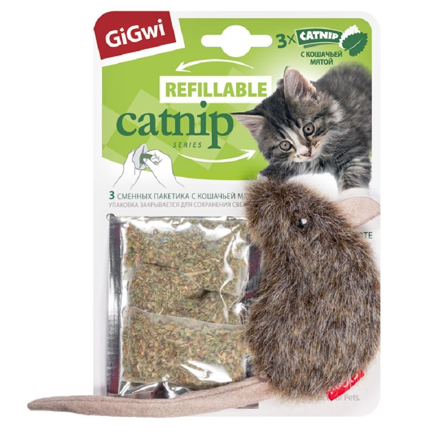 GiGwi: Игрушка для кошек Мышка с кошачьей мятой 10 см, серия REFILLABLE CATNIP, 75300