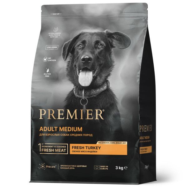 Premier: Dog Turkey Adult Medium, сухой корм для собак средних пород, с индейкой, 3 кг