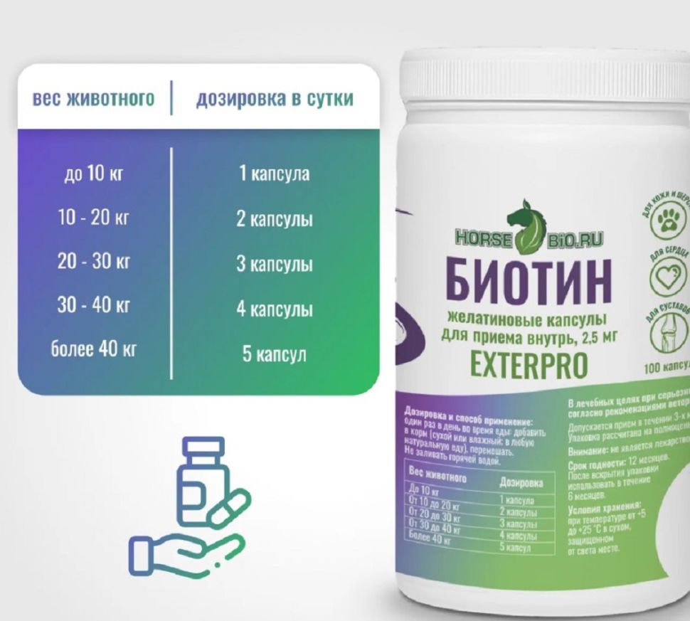 Horse-bio: Биотин ExterPro желатиновые капсулы для собак и кошек, 2,5 мг, 2500 мкг, 100 шт.