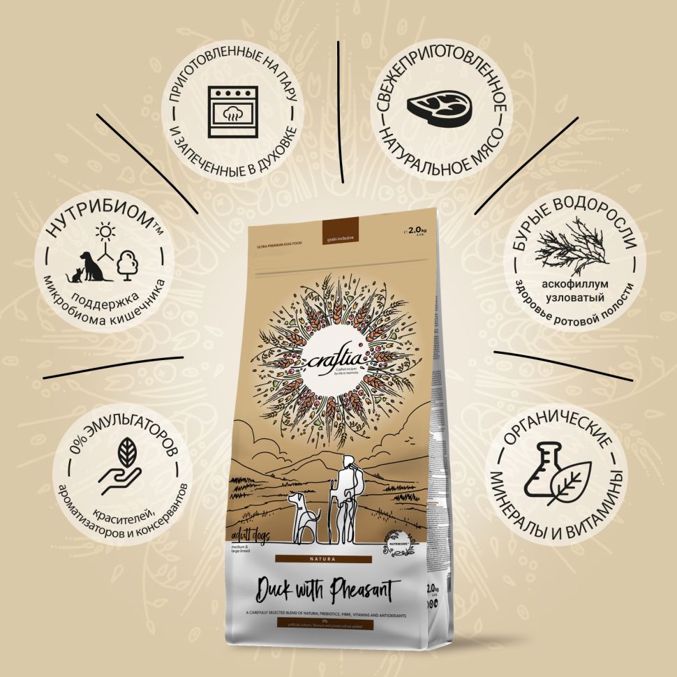 Craftia Natura: сухой корм, для взрослых собак средних и крупных пород, из утки с фазаном, 2 кг