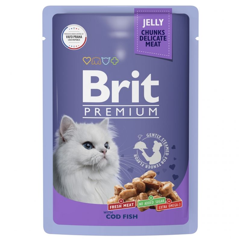 Brit: Premium, Пауч для взрослых кошек, Треска в желе, 85 гр.