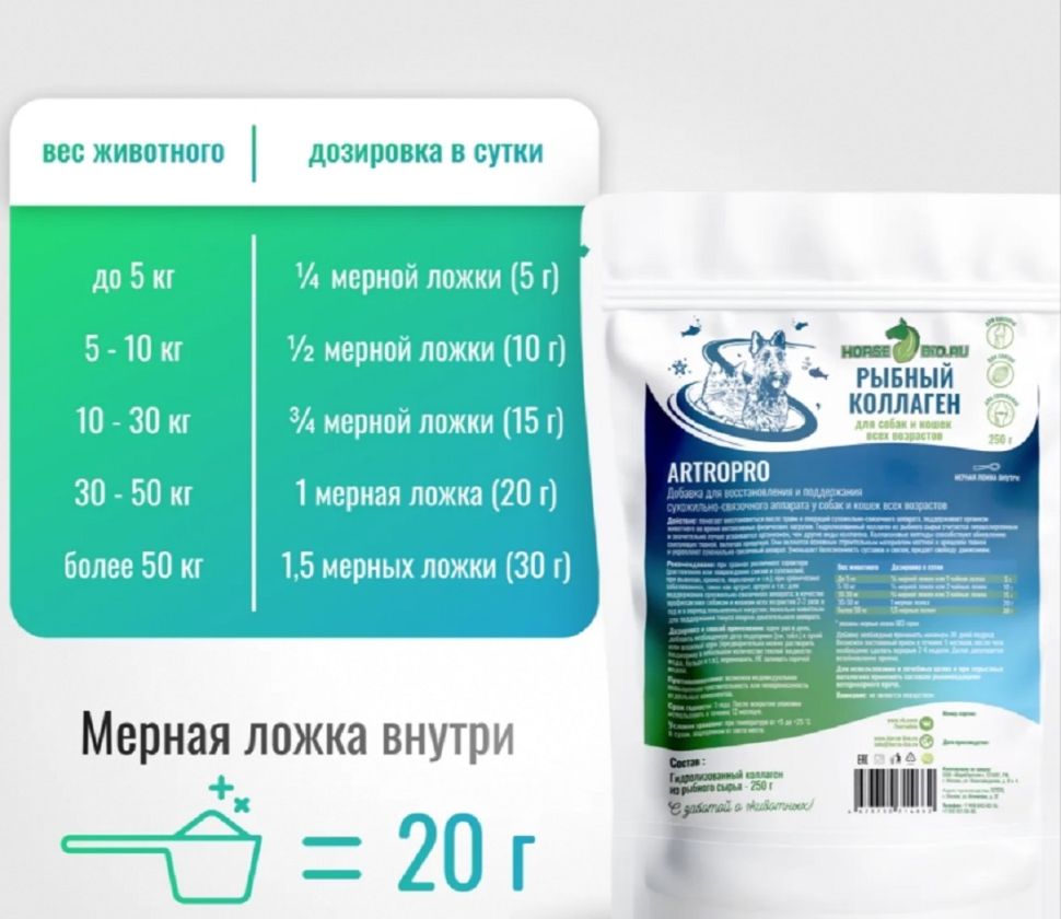 Horse-bio: Коллаген рыбный ArtroPro для восстановления сухожильно-связочного аппарата собак, 250 гр.
