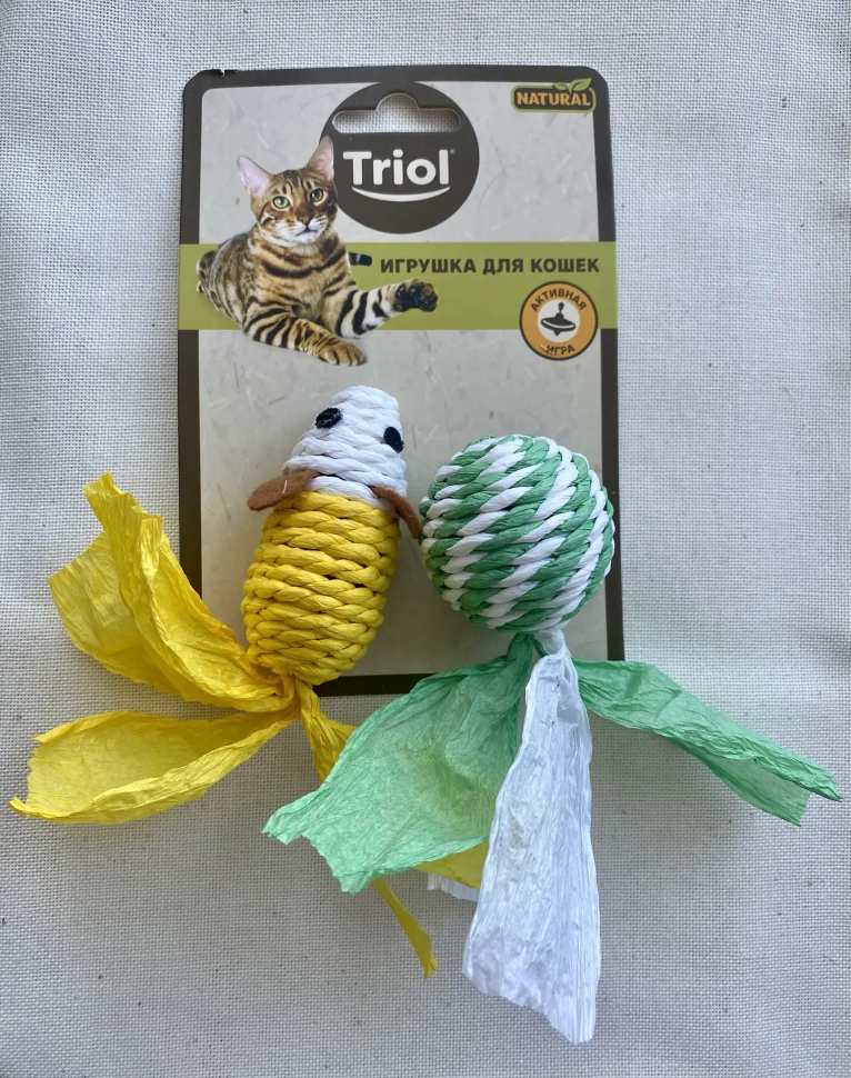 Triol: Набор игрушек для кошек из натуральных материалов Мяч и мышь, мяч d=4 см, мышь 7 см, серия NATURAL, 22171077