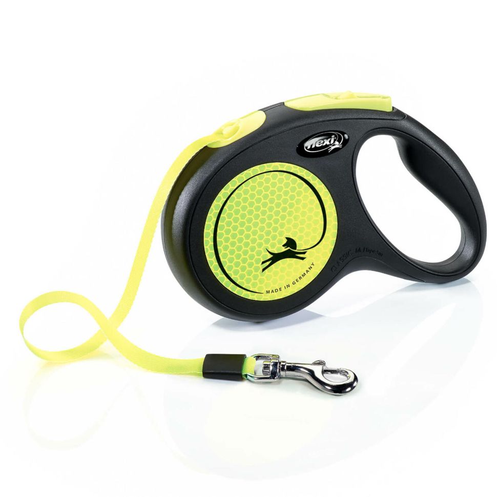 Flexi рулетка Neon New М (до 25 кг) лента 5 м, светоотражающая, желтый неон