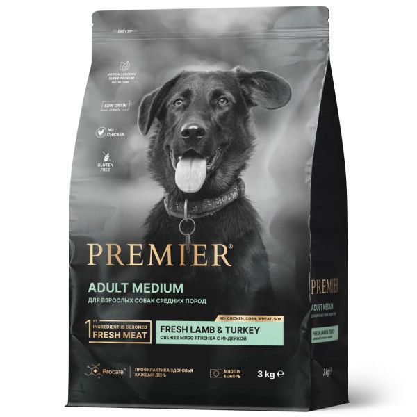 Premier: Dog Lamb&Turkey Adult Medium, сухой корм, для собак средних пород, с ягненком и индейкой, 3 кг