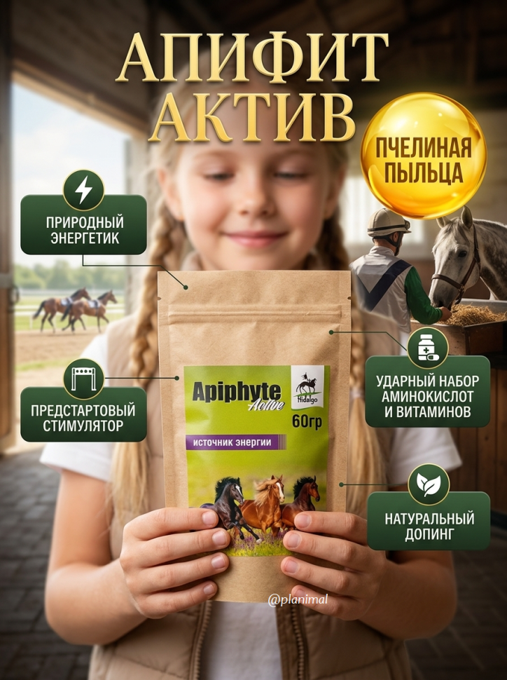 Идальго: Apiphyte Active / Апифит Актив, энергетический бустер с пчелиной пыльцой («ударный» набор аминокислот и витаминов) для лошадей, 60 гр.