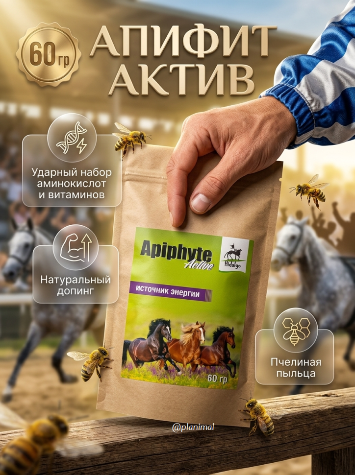 Идальго: Apiphyte Active / Апифит Актив, энергетический бустер с пчелиной пыльцой («ударный» набор аминокислот и витаминов) для лошадей, 60 гр.