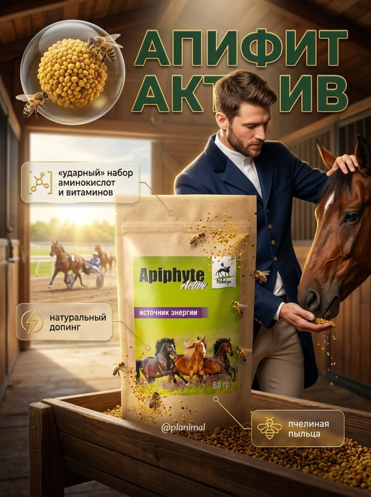 Идальго: Apiphyte Active / Апифит Актив, энергетический бустер с пчелиной пыльцой («ударный» набор аминокислот и витаминов) для лошадей, 60 гр.