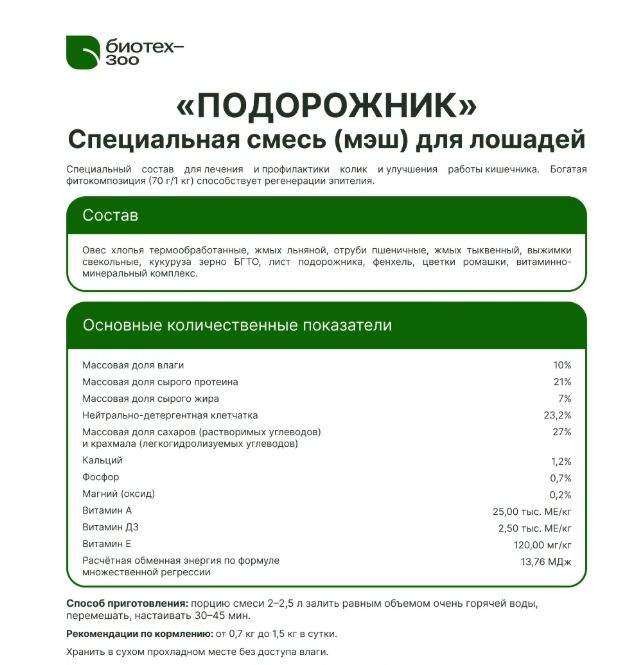 Биотех-Зоо: Подорожник смесь для лошадей профилактики колик  и запаривания , 20 кг 