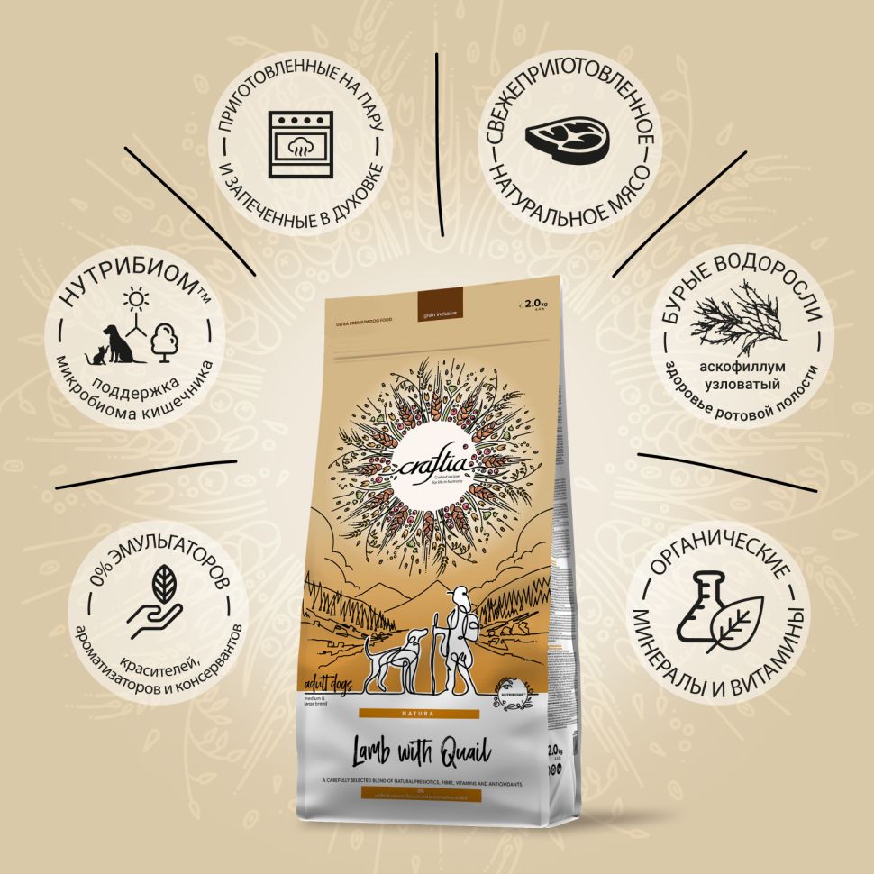 Craftia Natura: сухой корм, для взрослых собак средних и крупных пород, из ягненка с перепелкой, 2 кг