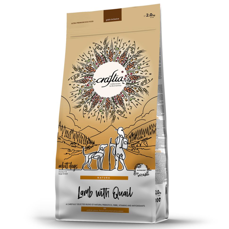 Craftia Natura: сухой корм, для взрослых собак средних и крупных пород, из ягненка с перепелкой, 2 кг