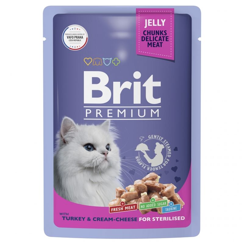 Brit: Premium, Пауч для взрослых, стерилизованных кошек, Индейка с сыром в желе, 85 гр.