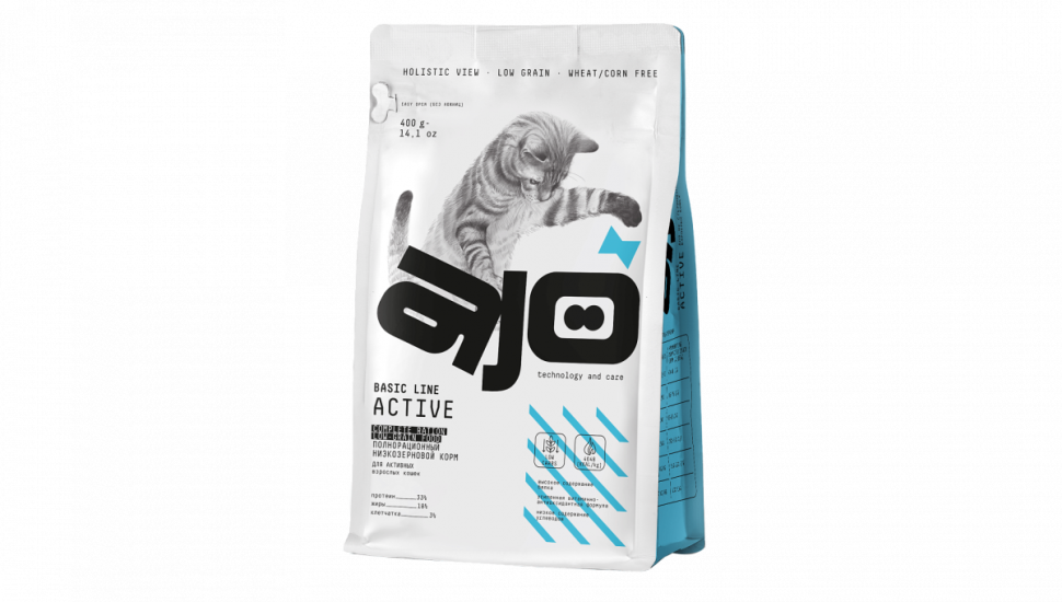 AJO ACTIVE полнорационный корм для взрослых активных кошек с индейкой, 400 гр.