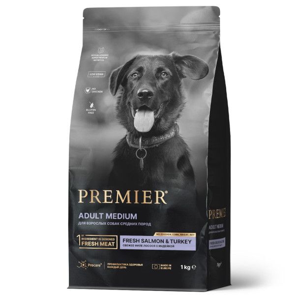 Premier: Dog Salmon&Turkey Adult Medium, сухой корм, для собак средних пород, с лососем и индейкой, 1 кг