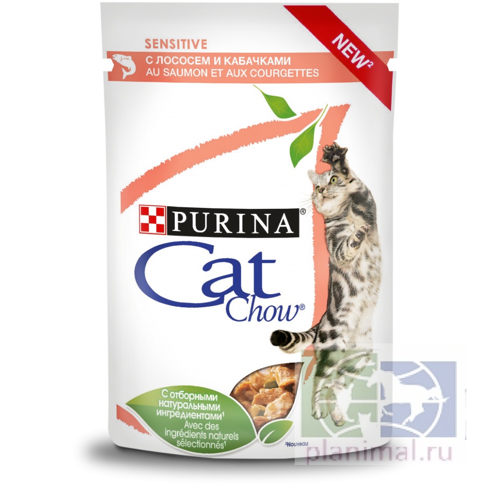 Консервы Cat Chow Sensitive, для кошек с чувствительным пищеварением с лососем и кабачками в соусе, 85 гр.