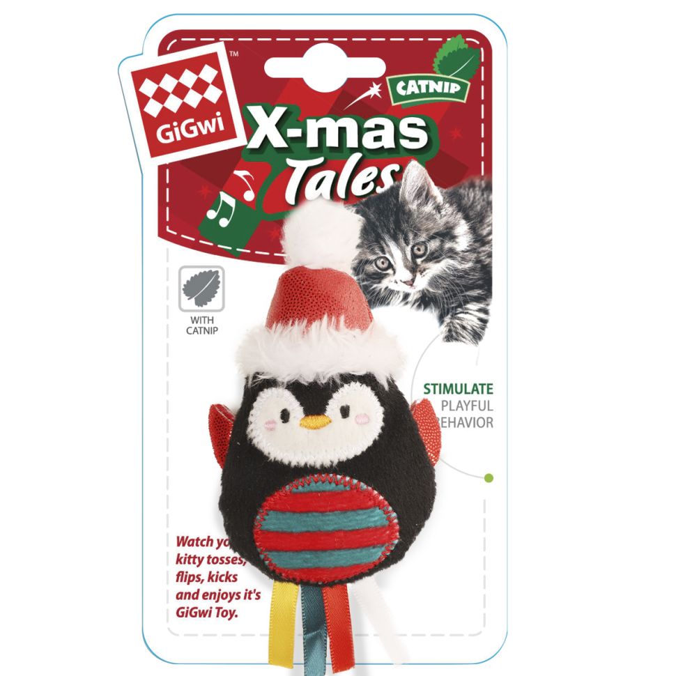 GiGwi X-mas TALES Игрушка мягкая для кошек Пингвин с ленточками, 90/115 мм, 85103