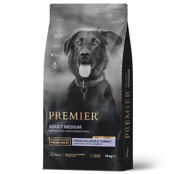 Premier: Dog Salmon&Turkey Adult Medium, сухой корм, для собак средних пород, с лососем и индейкой, 10 кг