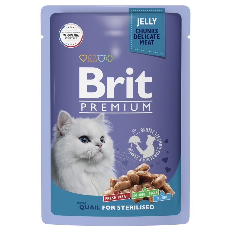 Brit: Premium, Пауч для взрослых, стерилизованных кошек, Перепелка в желе, 85 гр.