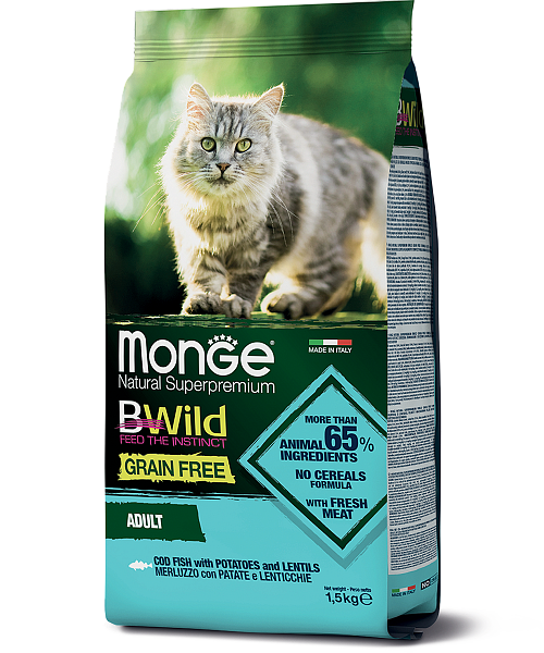 Monge Cat BWild Merluzzo GRAIN FREE беззерновой корм из трески, картофеля и чечевицы для взрослых кошек 1,5 кг