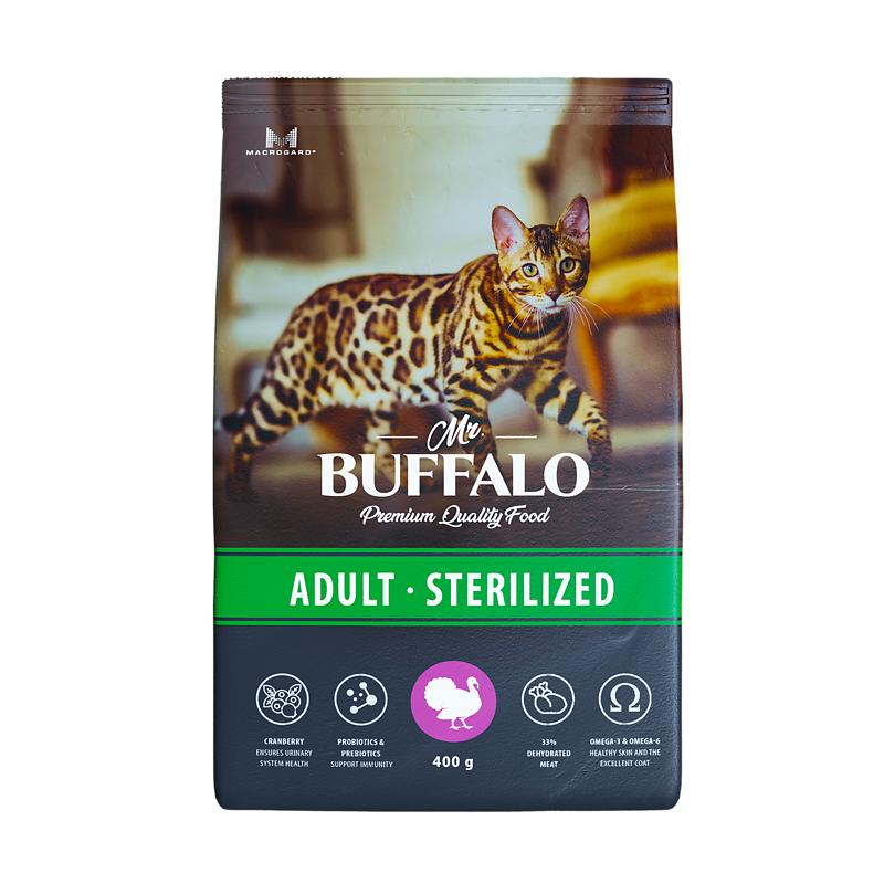 Mr. Buffalo Sterilized корм с индейкой для стерилизованных кошек, 400 гр.