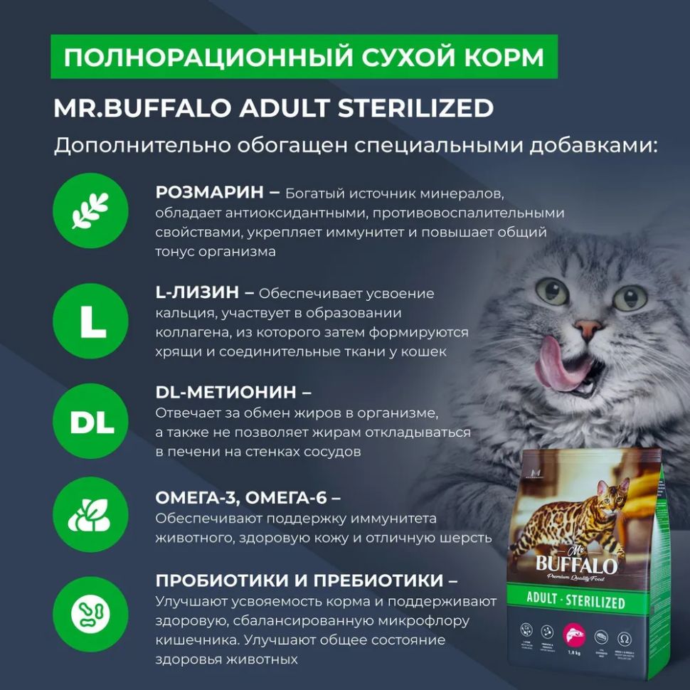 Mr. Buffalo: Sterilized корм, с лососем, для стерилизованных кошек, 1,8 кг