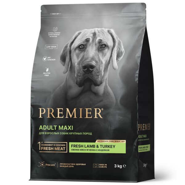 Premier: Dog Lamb&Turkey Adult Maxi, сухой корм, для собак крупных пород, с ягненком и индейкой, 3 кг