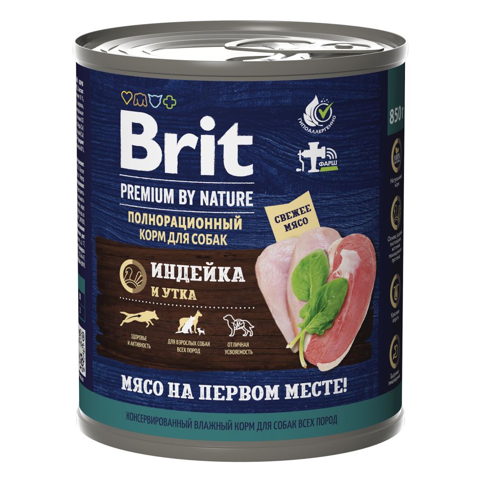 Brit Premium by Nature Консервы с индейкой и уткой для взрослых собак всех пород, 850 гр.