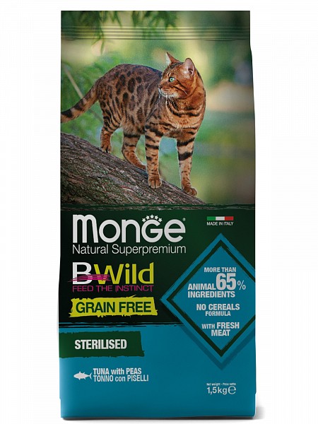 Monge Cat BWild Tonno GRAIN FREE беззерновой корм из тунца и гороха для стерилизованных кошек 1,5 кг