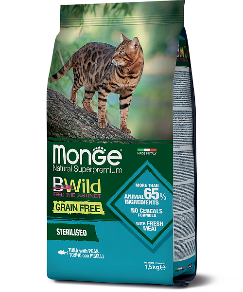 Monge Cat BWild Tonno GRAIN FREE беззерновой корм из тунца и гороха для стерилизованных кошек 1,5 кг