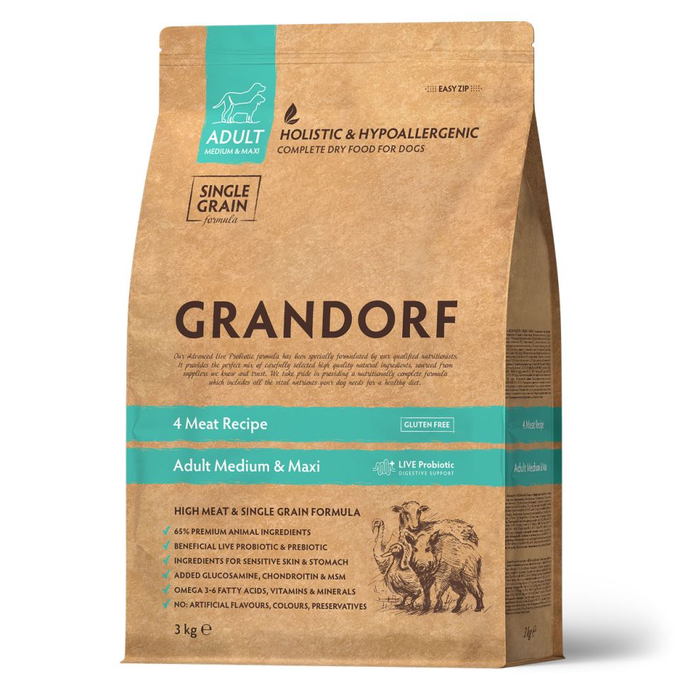 Grandorf Dog 4 Meat&Rice Probiotic Adult Medium & Maxi корм для собак средних и крупных пород 4 мяса с пробиотиками, 3 кг