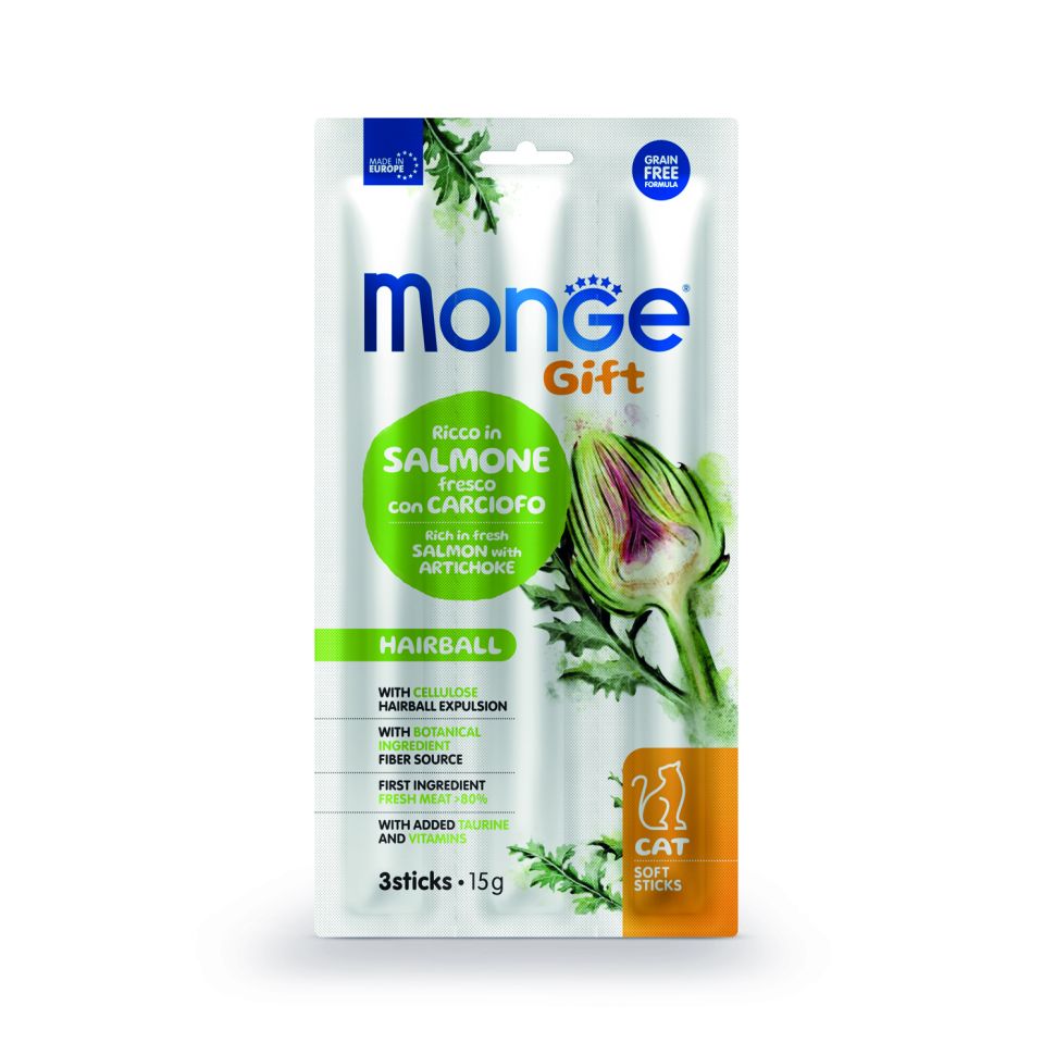 Лакомство Monge Gift Hairball для кошек "Мягкие палочки" с лососем и артишоком для вывода шерсти 15 гр