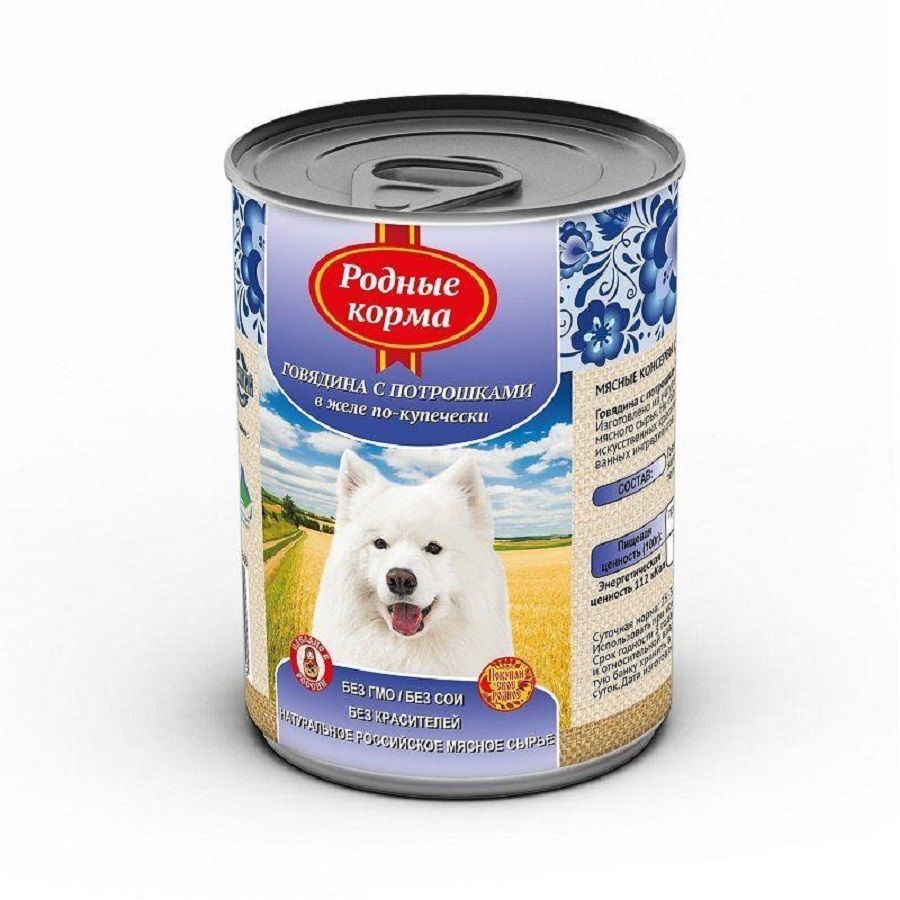 Родные корма: Консервы для собак, Говядина с потрошками в желе по-купечески, 410 гр