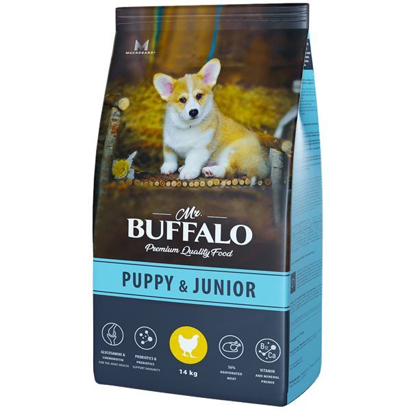 Mr. Buffalo Puppy junior корм с курицей для щенков и юниоров средних и крупных пород, 14 кг