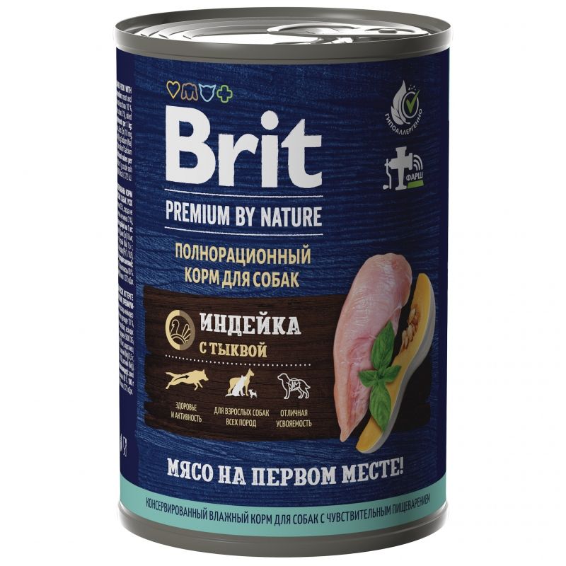 Brit: Premium by Nature, Консервы с индейкой и тыквой, для взрослых собак всех пород, 410 гр.