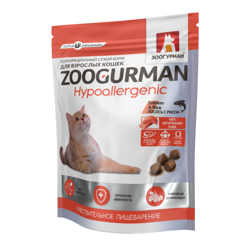 Zoogurman Hypoallergenic сухой корм для кошек Лосось с рисом Salmon&Rice, 350 гр.