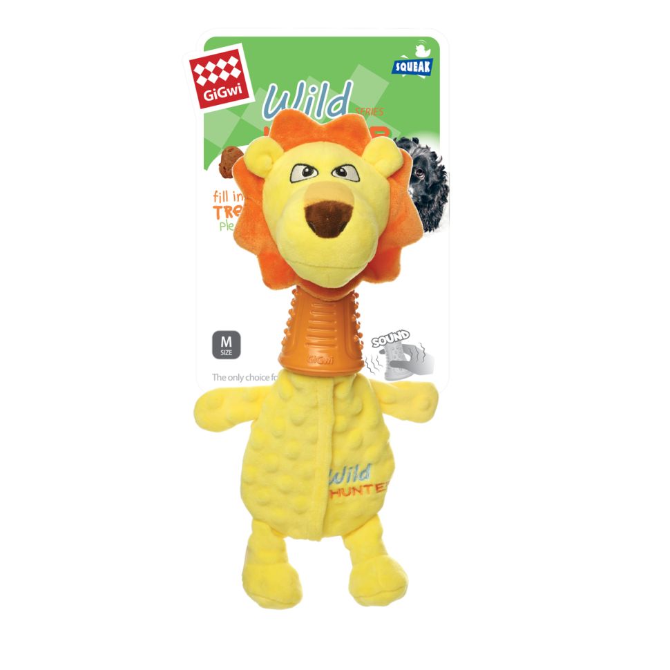 GiGwi Игрушка для собак Лев с кармашком для лакомств и пищалкой 34 см, серия WILD HUNTER, 85063