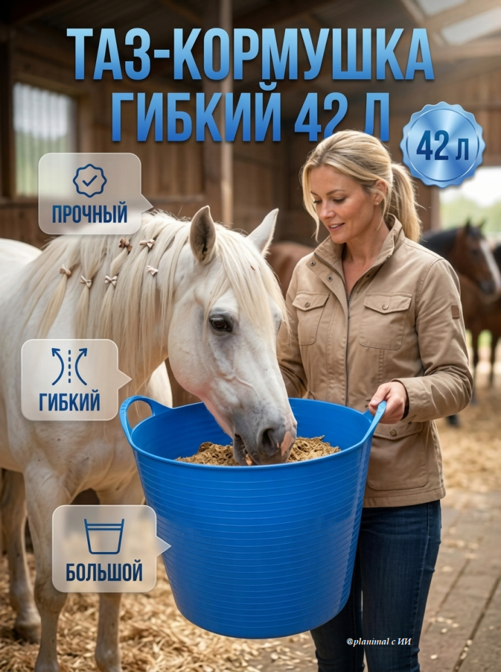 Тазик - кормушка гибкий 42 л с ручками, пищевого пластика, D дна 34 см, верх 46 см, h= 34 см, синий