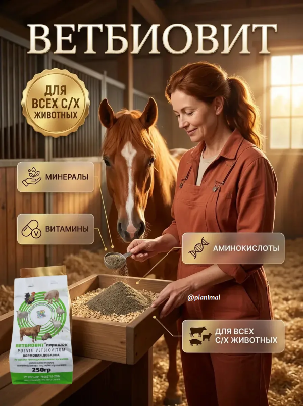 Ветбиовит, кормовая добавка с витаминами, минералами, микроэлементами для с/х животных, птиц и пушных зверей, 250 гр.