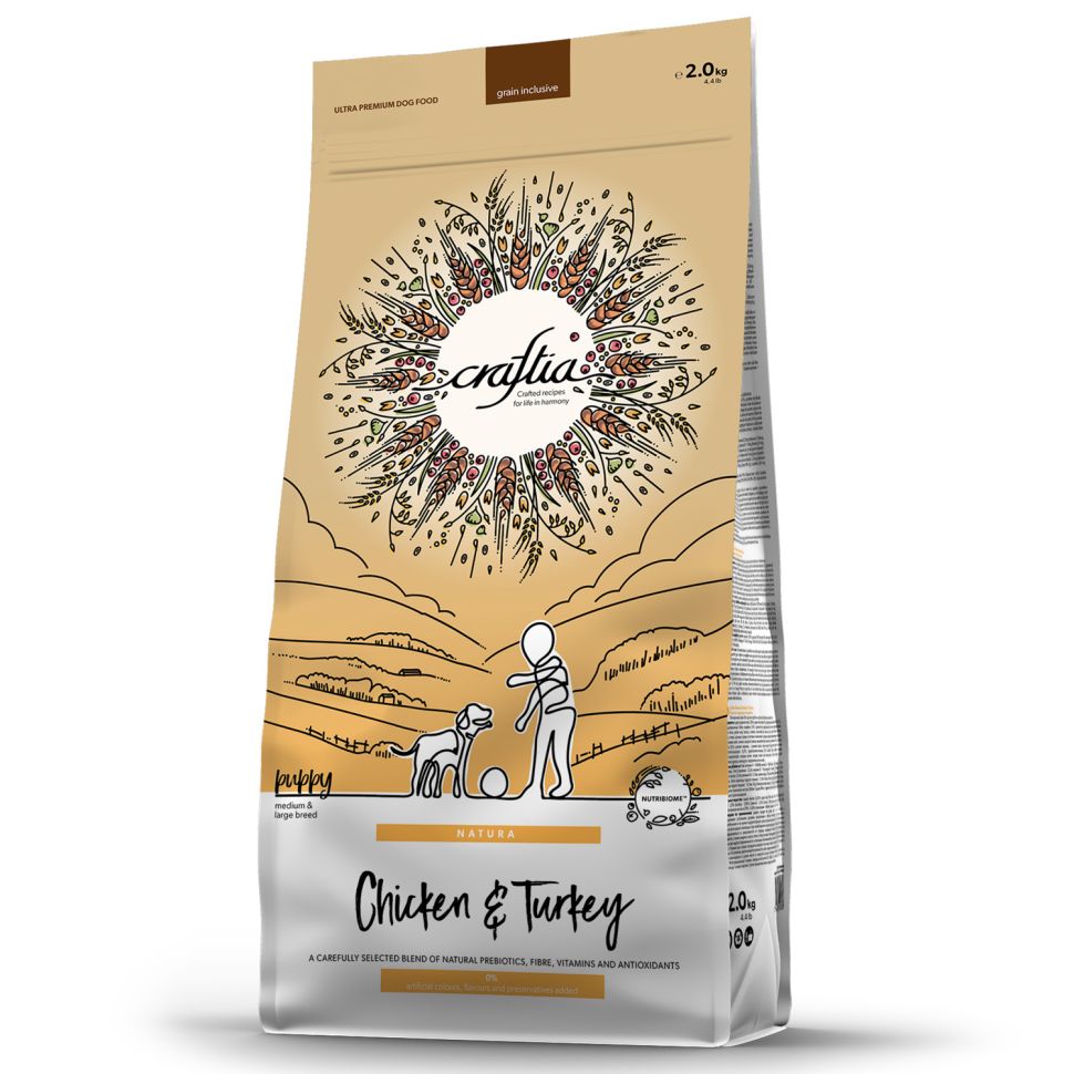 Craftia Natura: сухой корм, для щенков средних и крупных пород, из курицы и индейки, 2 кг