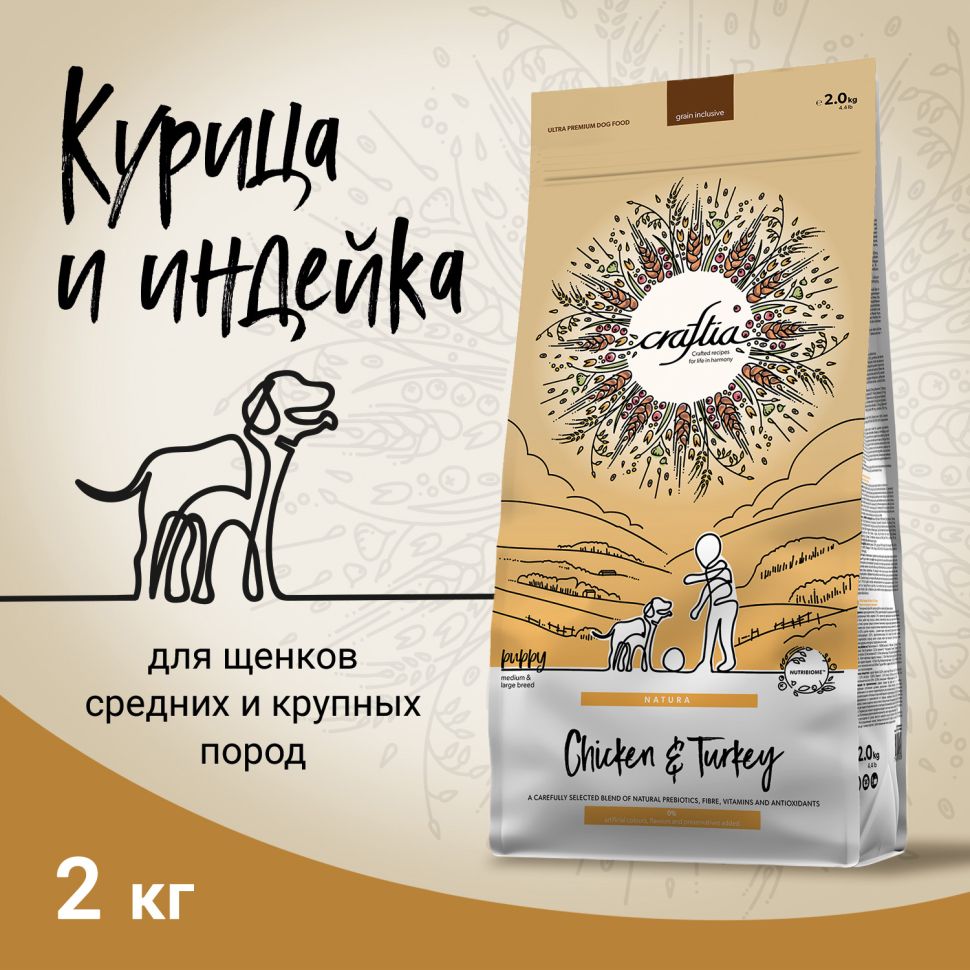 Craftia Natura: сухой корм, для щенков средних и крупных пород, из курицы и индейки, 2 кг