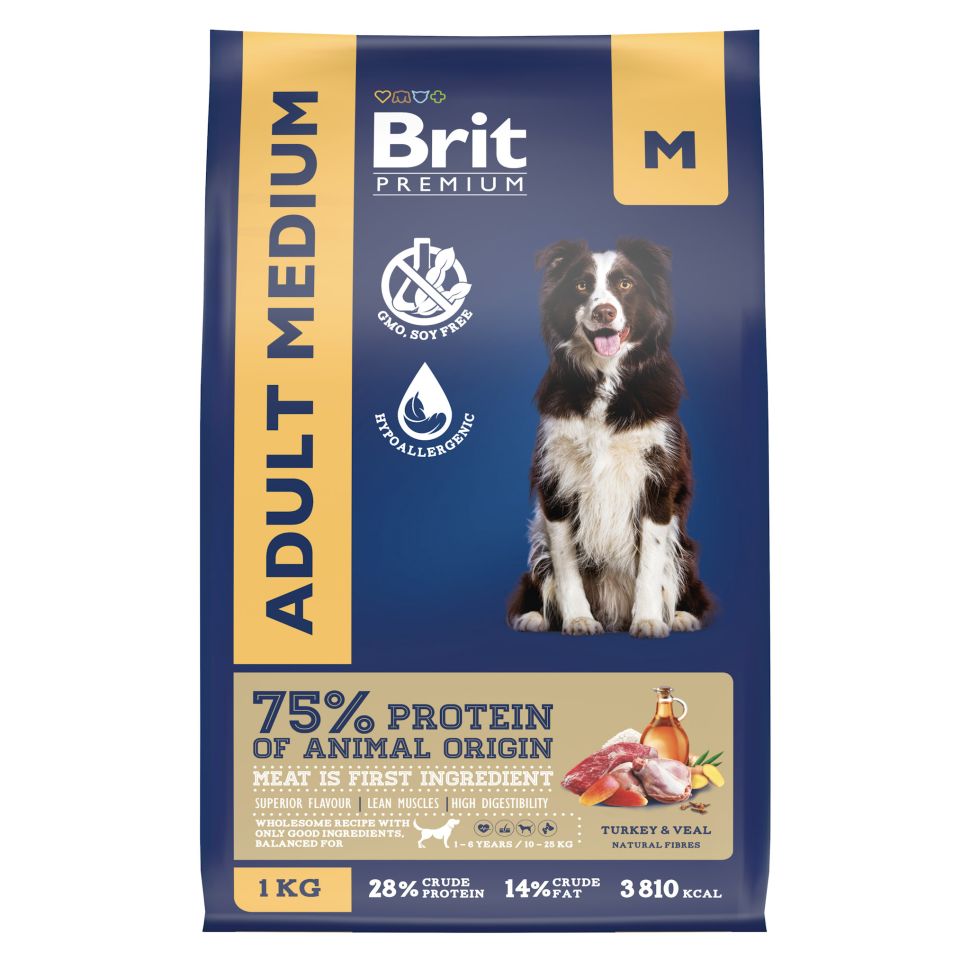 Brit: Premium Dog Adult Medium, Сухой корм с индейкой и телятиной, для собак средних пород 10-25 кг, 1 кг