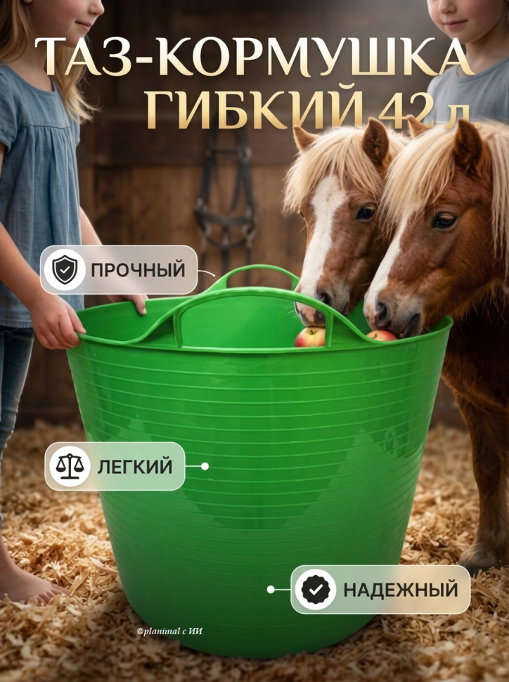 Тазик - кормушка гибкий 42 л с ручками, пищевого пластика, D дна 34 см, верх 46 см, h= 34 см, зеленый