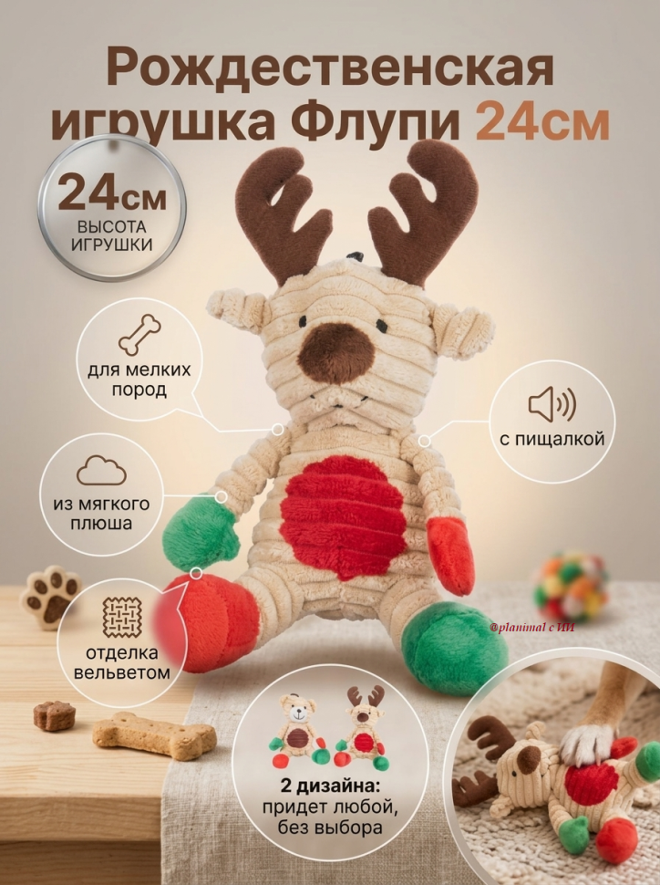 Flamingo: Рождественская игрушка Флупи, несколько версий, 1 шт.,  с пищалкой, 24 см, плюш,  516225